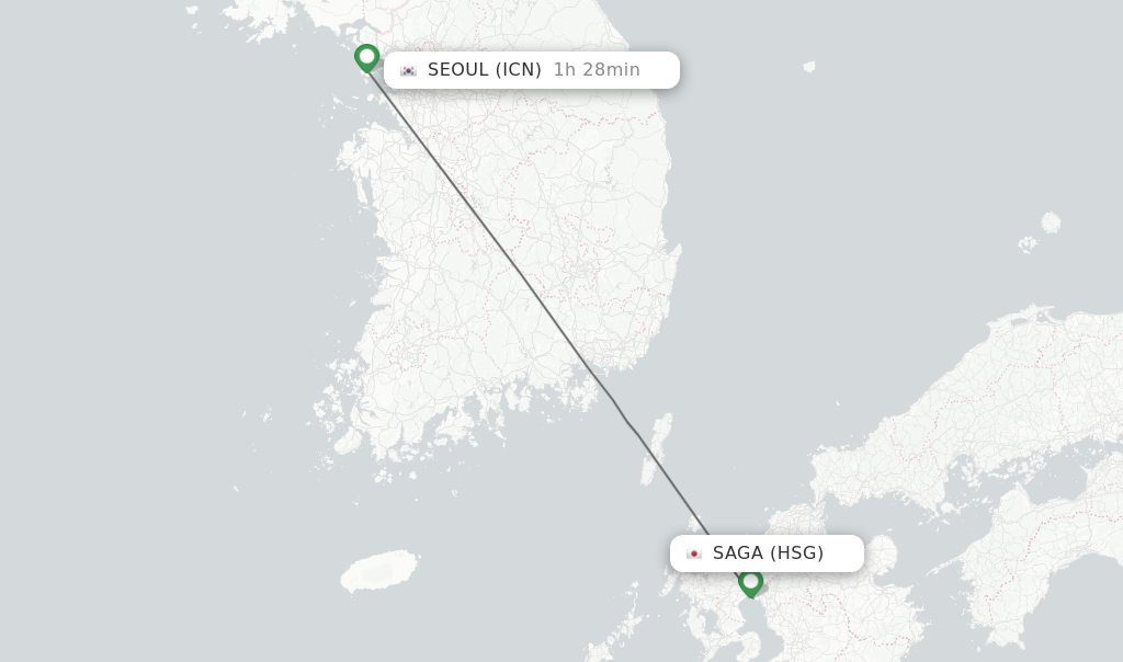 Flights from Saga to Seoul route map