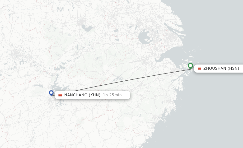 Flights from Zhoushan to Nanchang route map