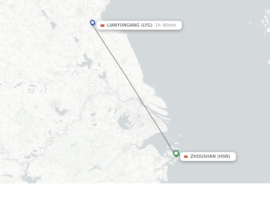 Flights from Zhoushan to Lianyungang route map