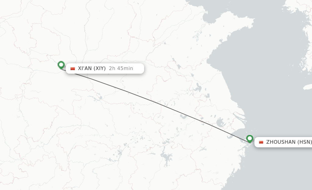 Flights from Zhoushan to Xian route map