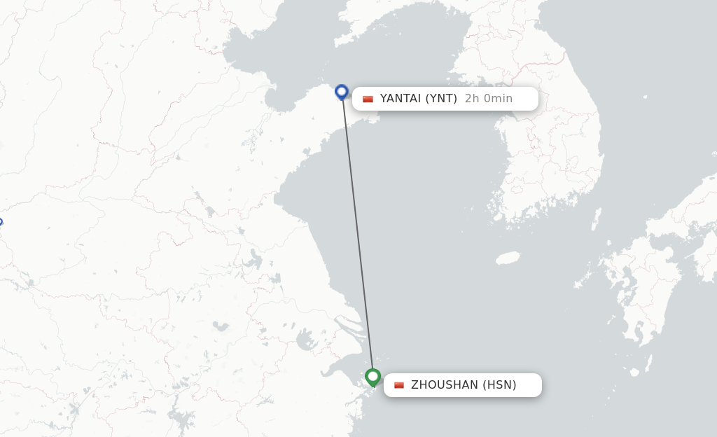 Flights from Zhoushan to Yantai route map