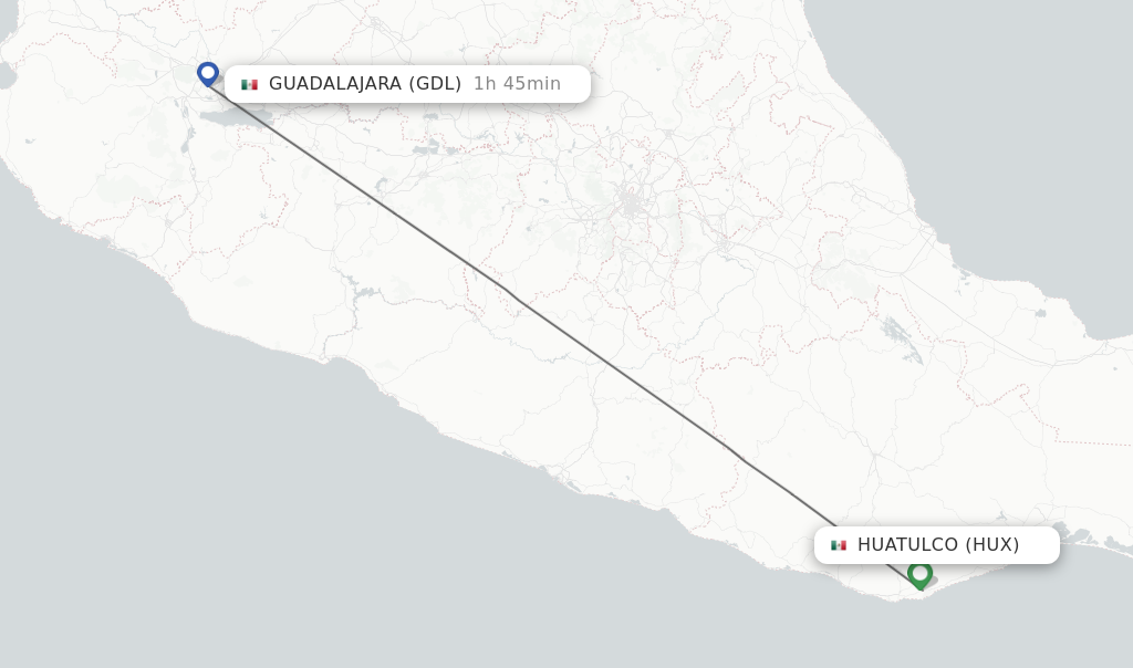 Flights from Huatulco to Guadalajara route map