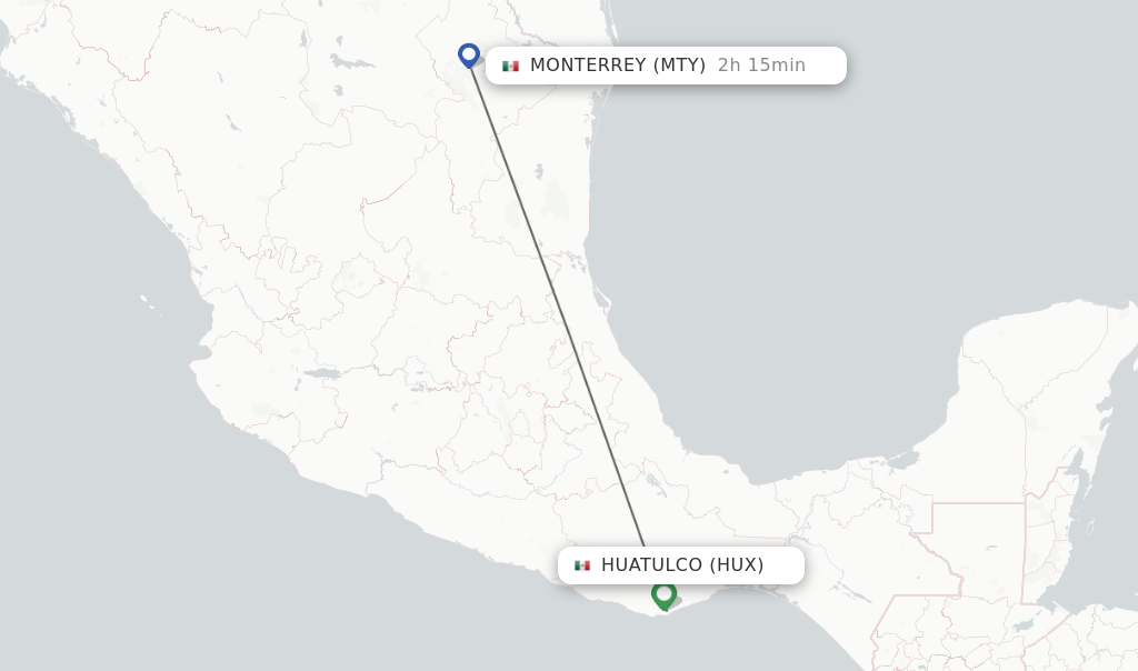 Flights from Huatulco to Monterrey route map