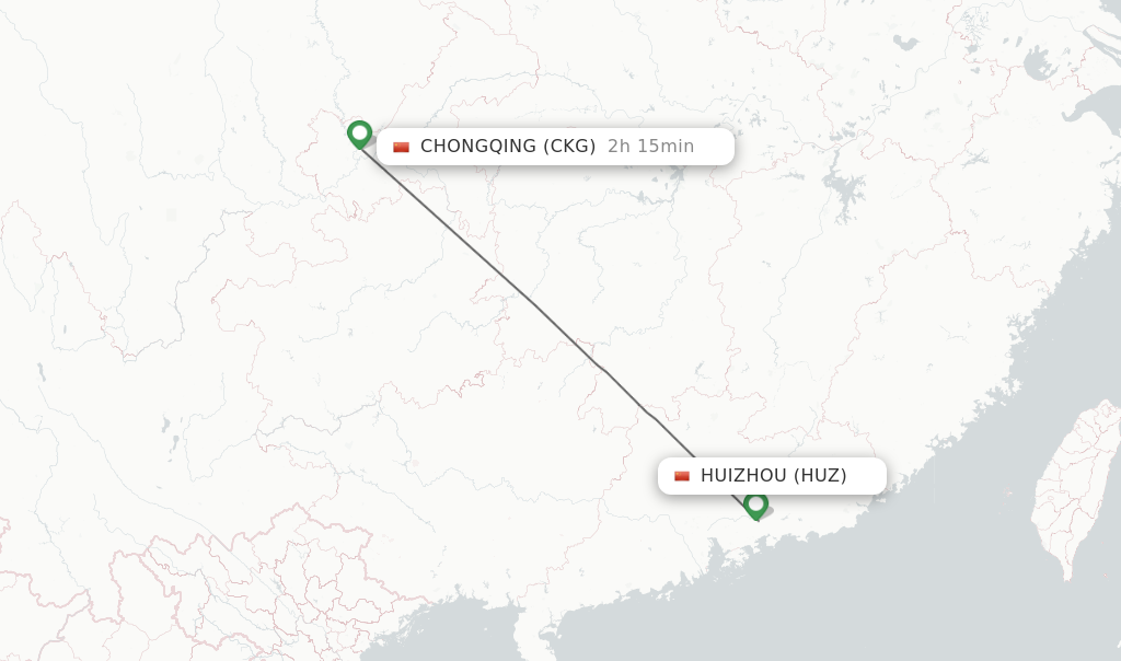Flights from Huizhou to Chongqing route map