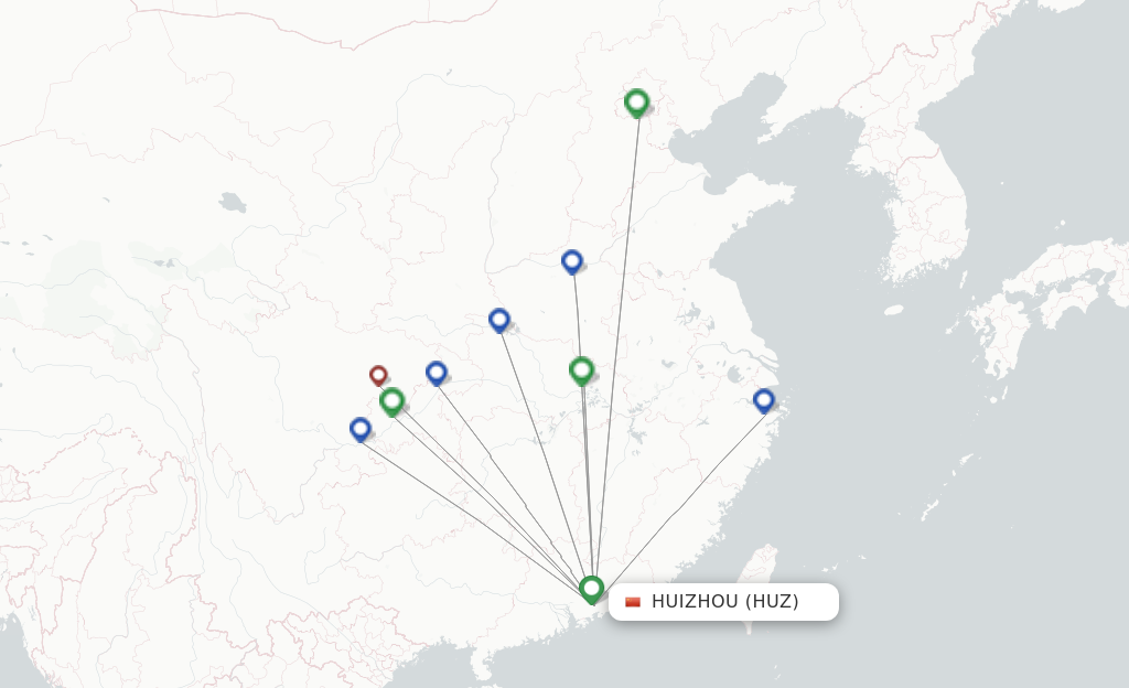 Route map with flights from Huizhou with China Southern