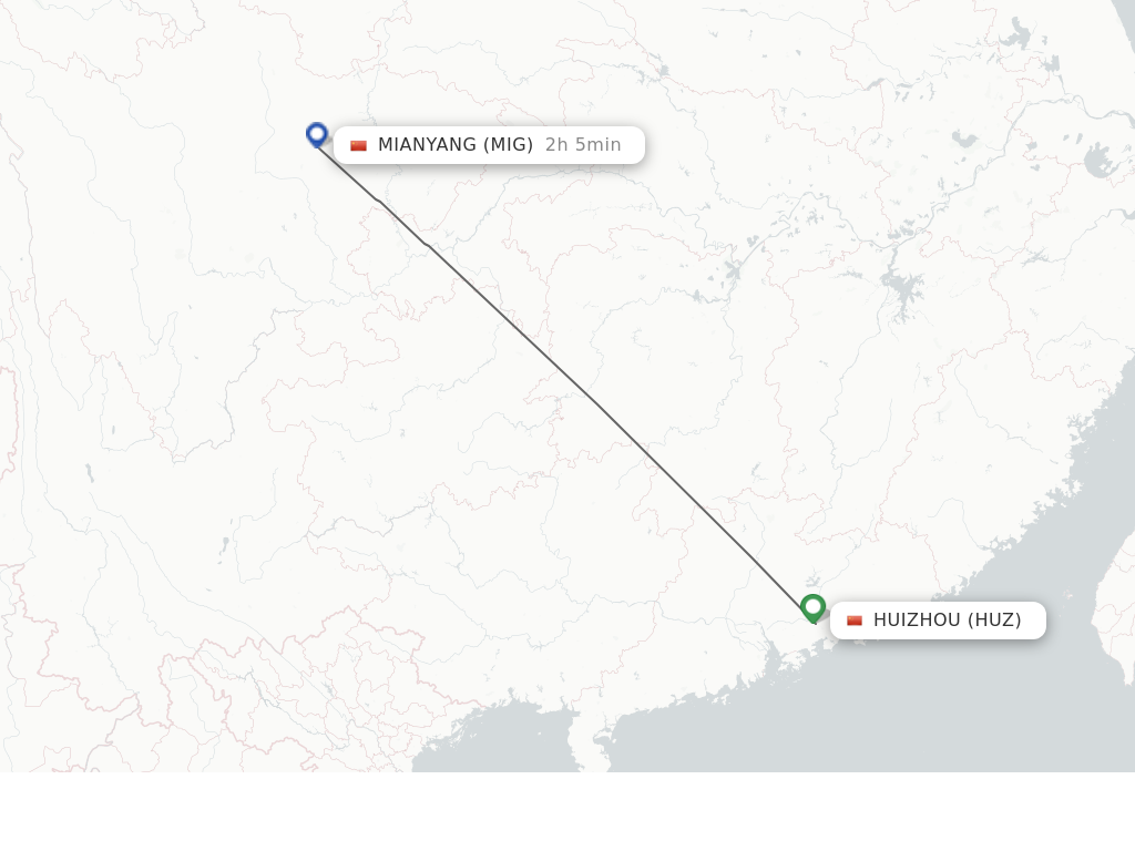 Flights from Huizhou to Mian Yang route map