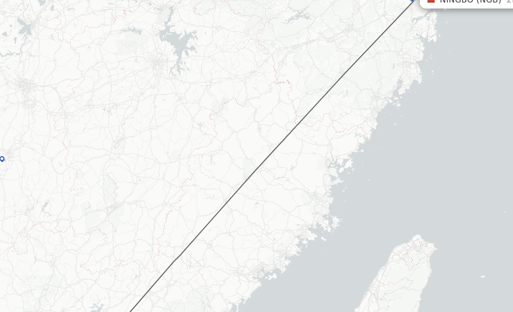 Flights from Huizhou to Ningbo route map