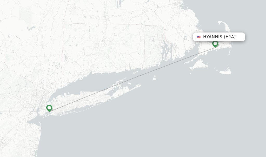 Route map with flights from Hyannis with JetBlue