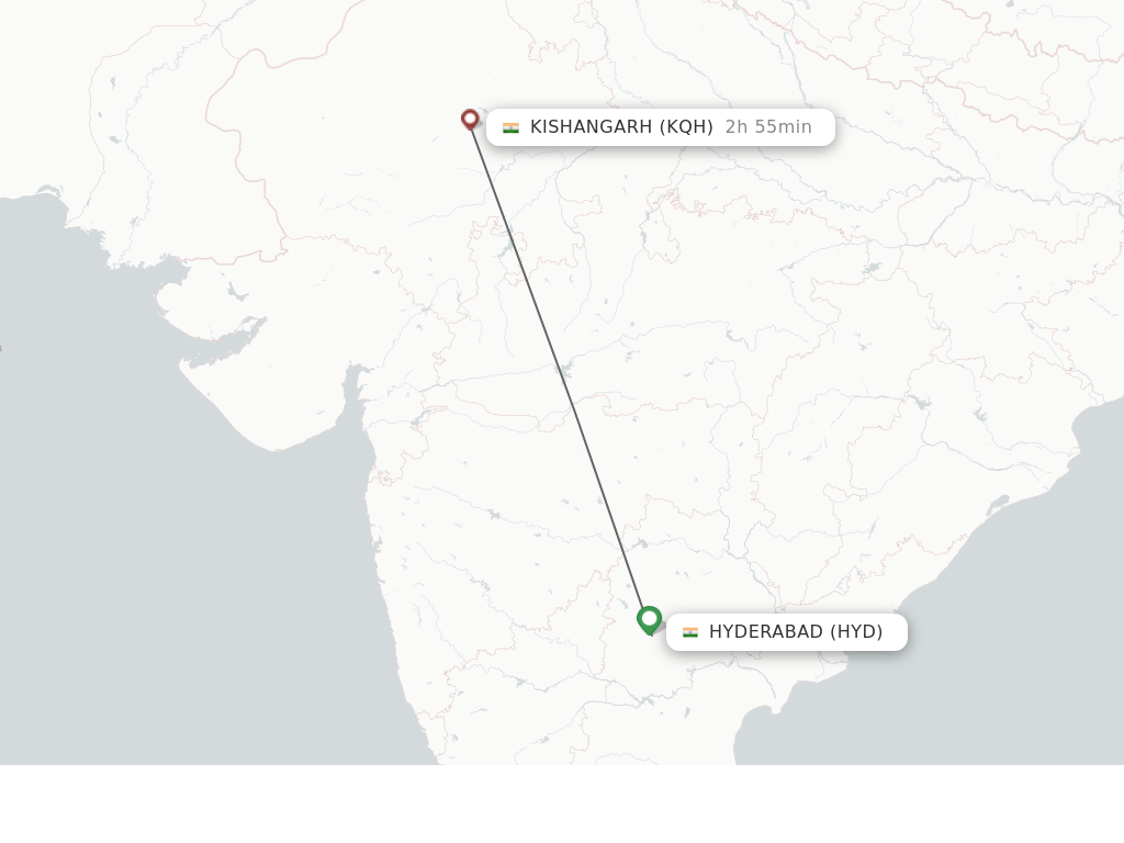 Flights from Hyderabad to Kishangarh route map