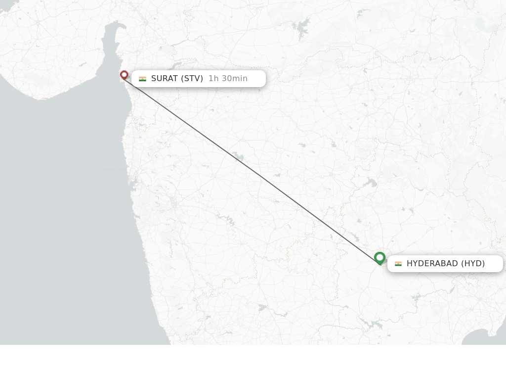 Flights from Hyderabad to Surat Gujarat route map