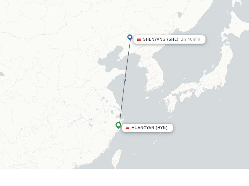 Flights from Taizhou to Shenyang route map