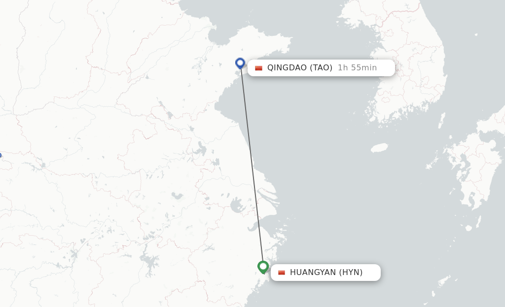 Flights from Taizhou to Qingdao route map