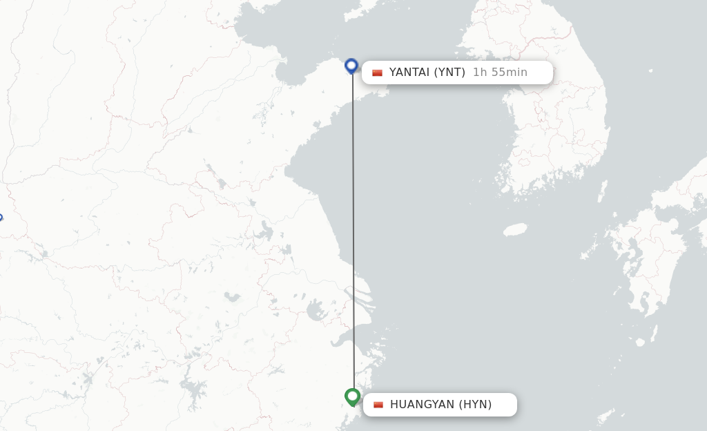 Flights from Taizhou to Yantai route map