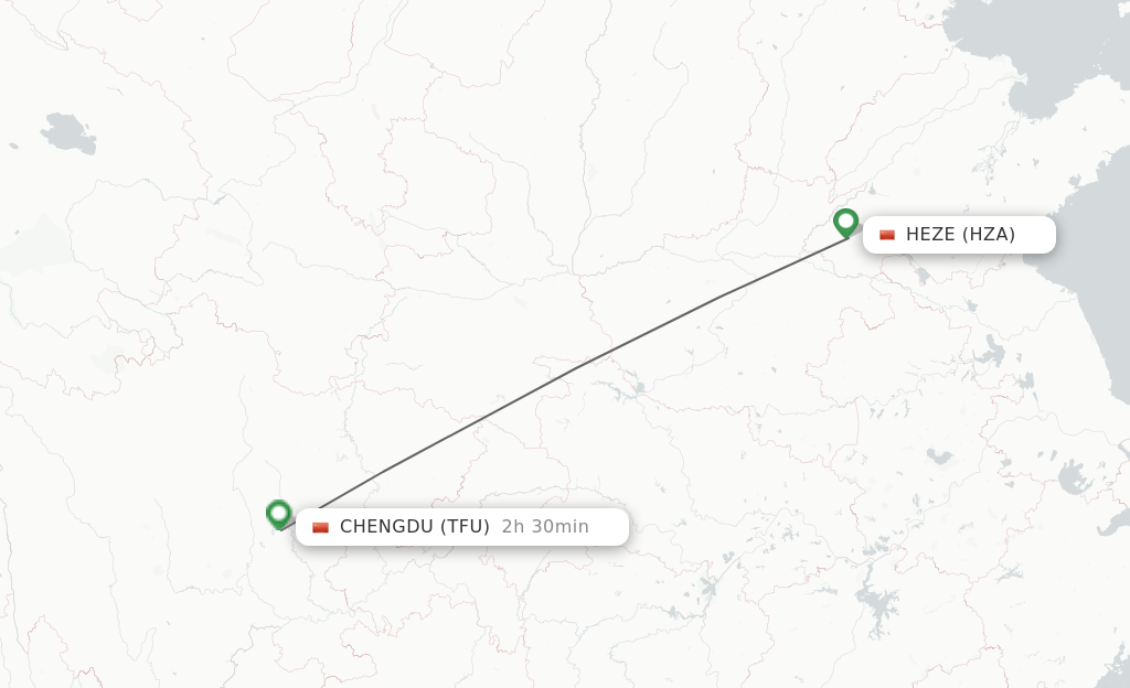 Flights from Heze to Chengdu route map