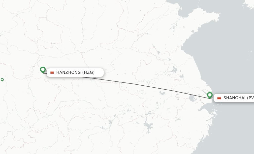 Flights from Hanzhong to Shanghai route map