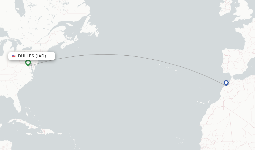 Route map with flights from Dulles with Royal Air Maroc