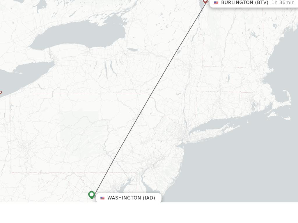 Flights from Washington to Burlington route map