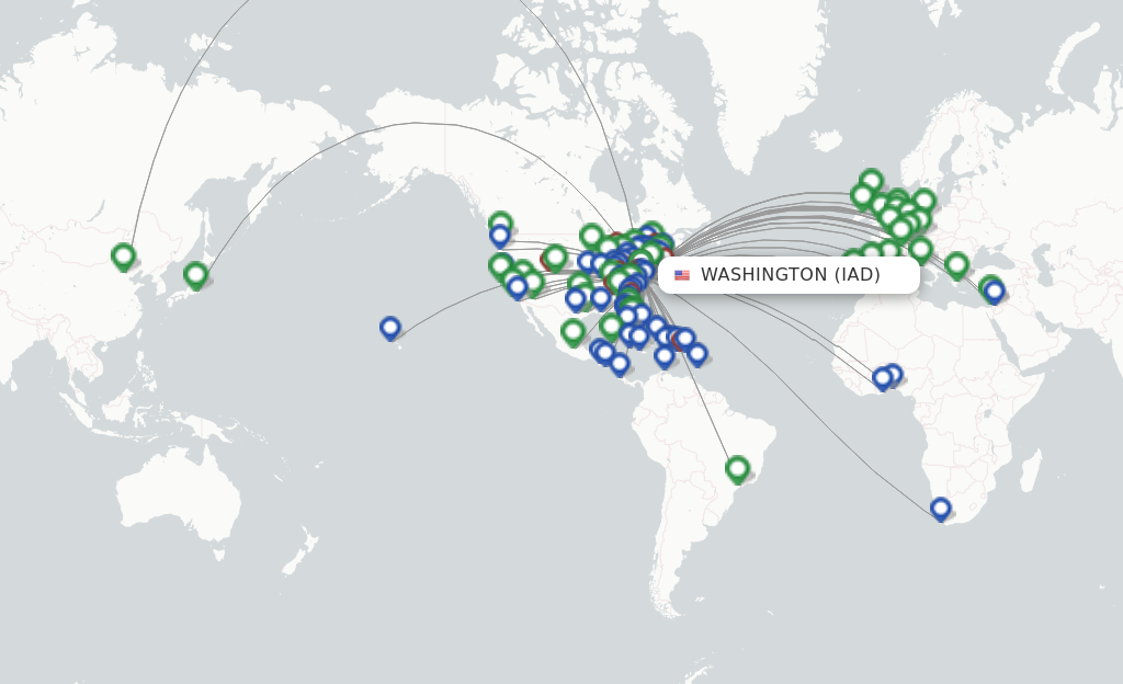 Route map with flights from Dulles with United