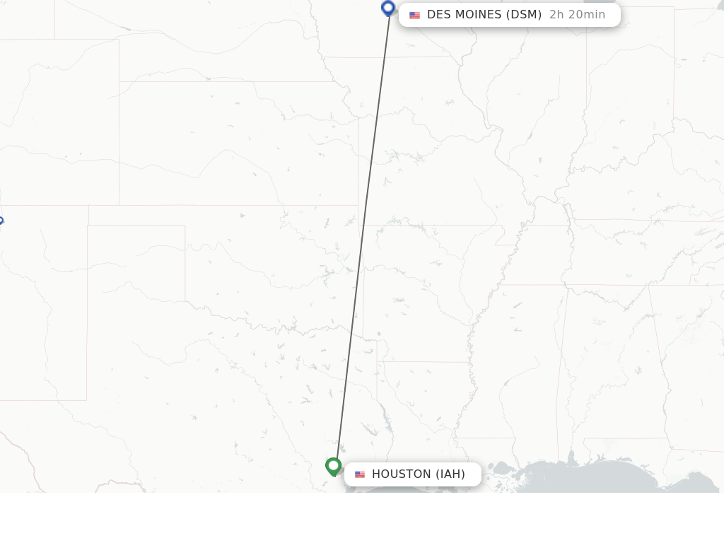 Flights from Houston to Des Moines route map