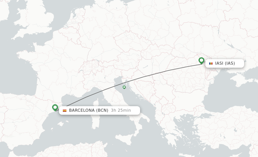 Flights from Iasi to Barcelona route map