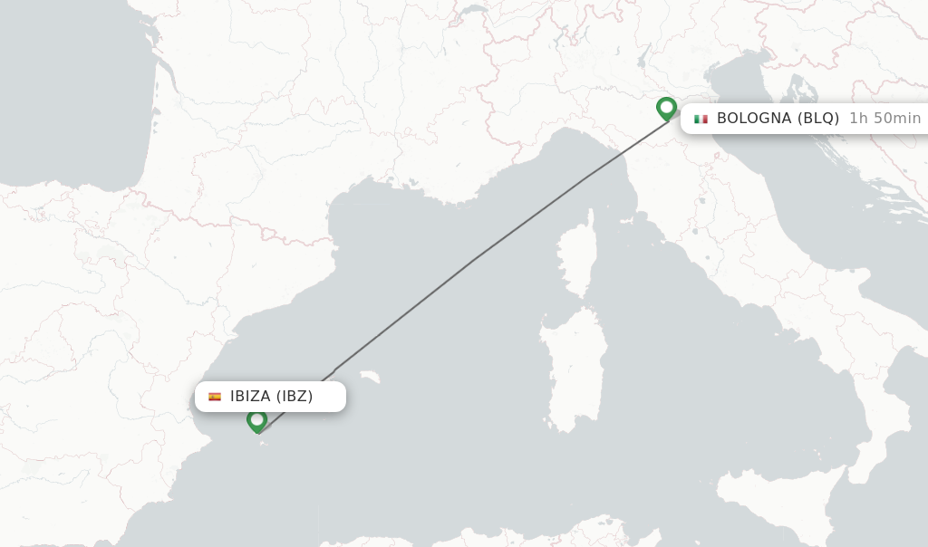 Flights from Ibiza to Bologna route map