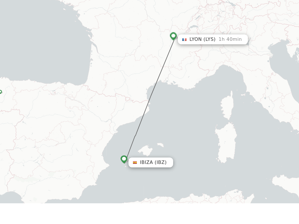 Flights from Lyon to Ibiza route map