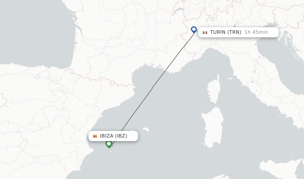 Flights from Ibiza to Turin route map