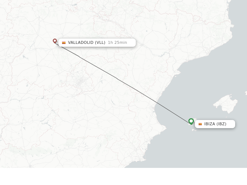 Flights from Valladolid to Ibiza route map