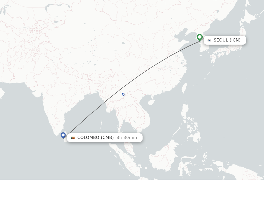 Flights from Seoul to Colombo route map