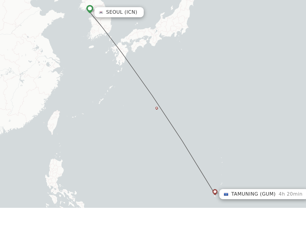 Flights from Seoul to Guam route map