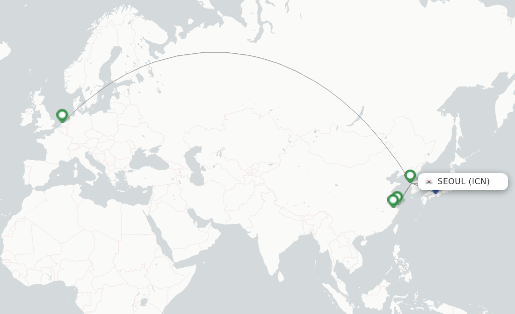 Route map with flights from Seoul with KLM