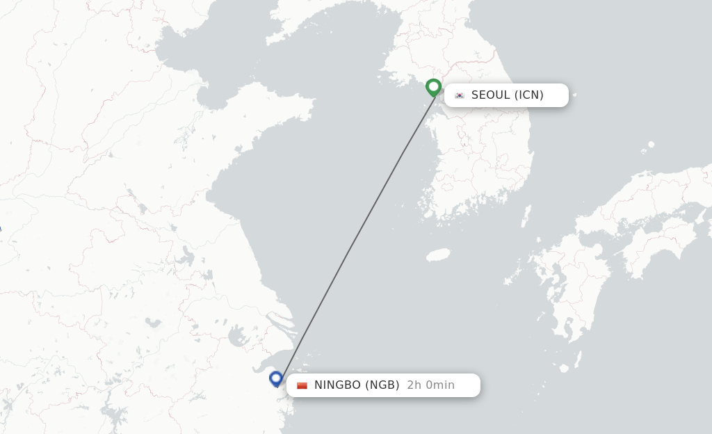Flights from Seoul to Ningbo route map