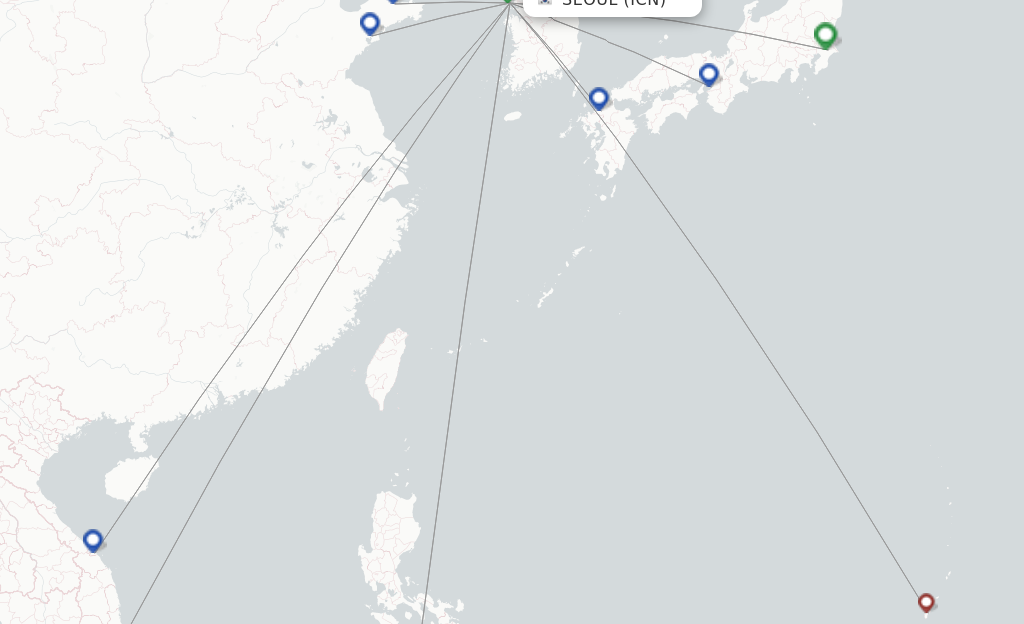 Route map with flights from Seoul with Air Seoul