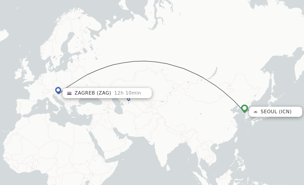 Flights from Seoul to Zagreb route map