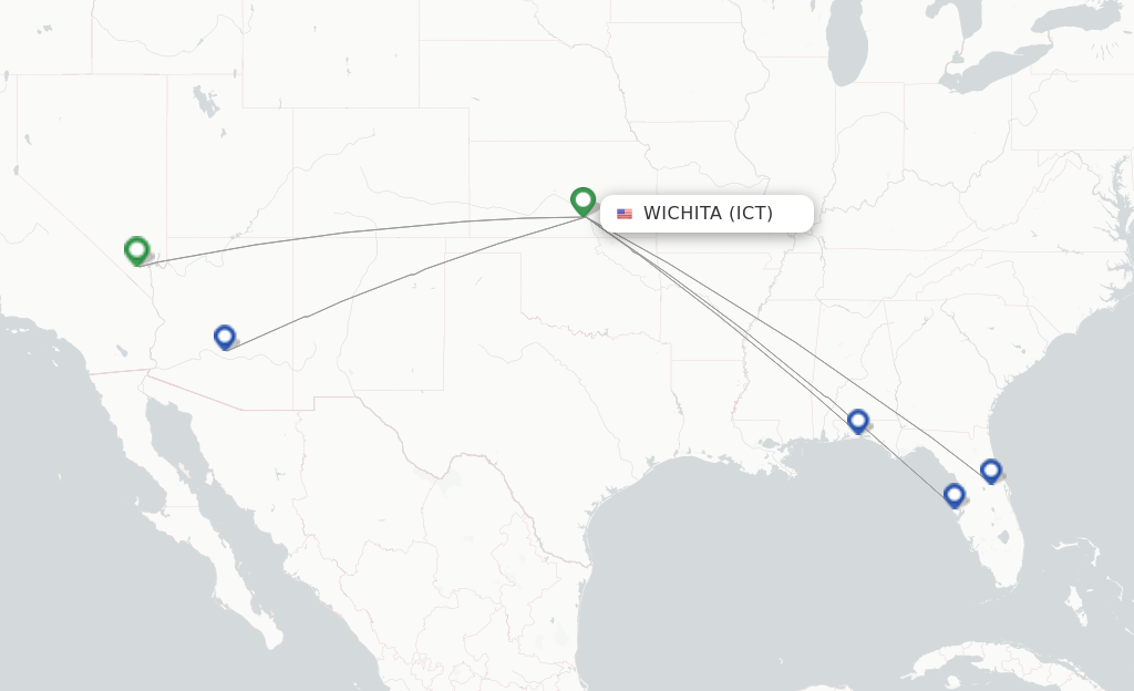 Route map with flights from Wichita with Allegiant Air