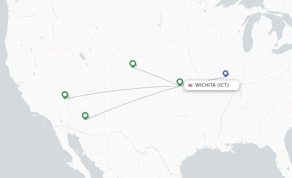 Route map with flights from Wichita with Southwest