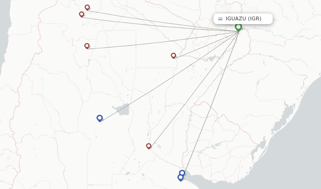 Route map with flights from Iguazu with Aerolineas Argentinas