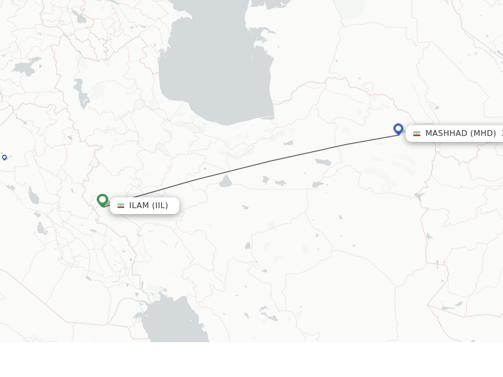 Flights from Mashhad to Ilam route map