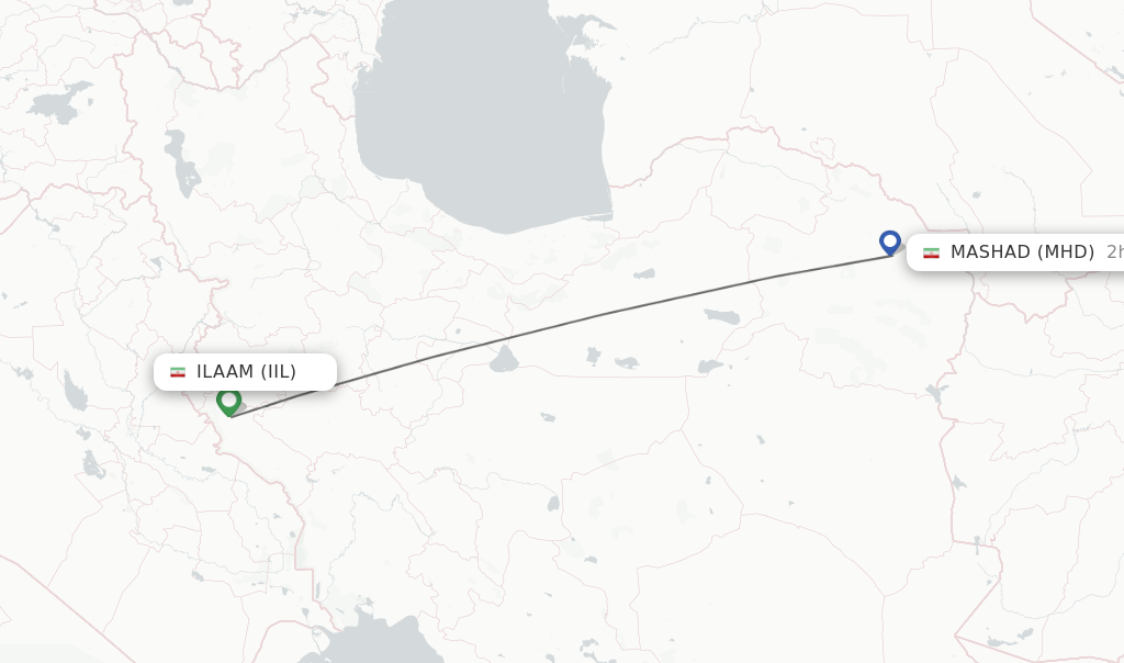 Flights from Ilaam to Mashad route map