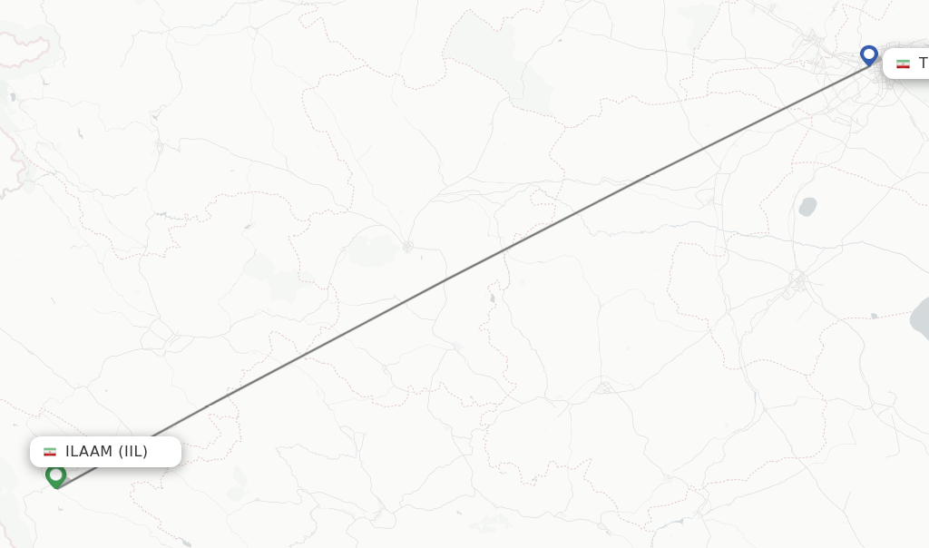 Flights from Ilaam to Tehran route map