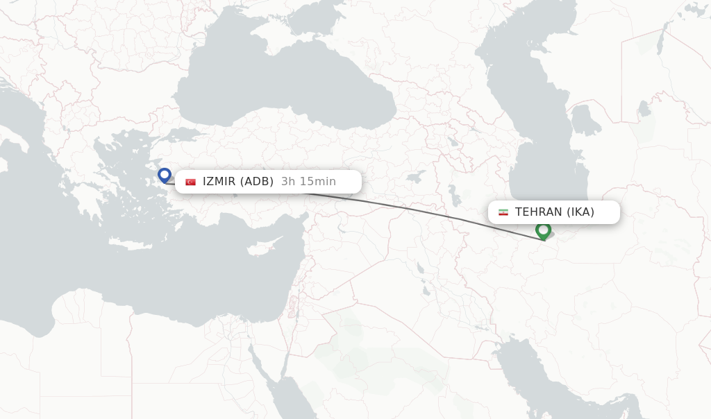 Flights from Tehran to Izmir route map