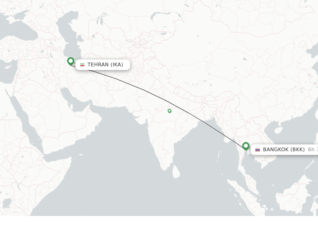 Flights from Tehran to Bangkok route map
