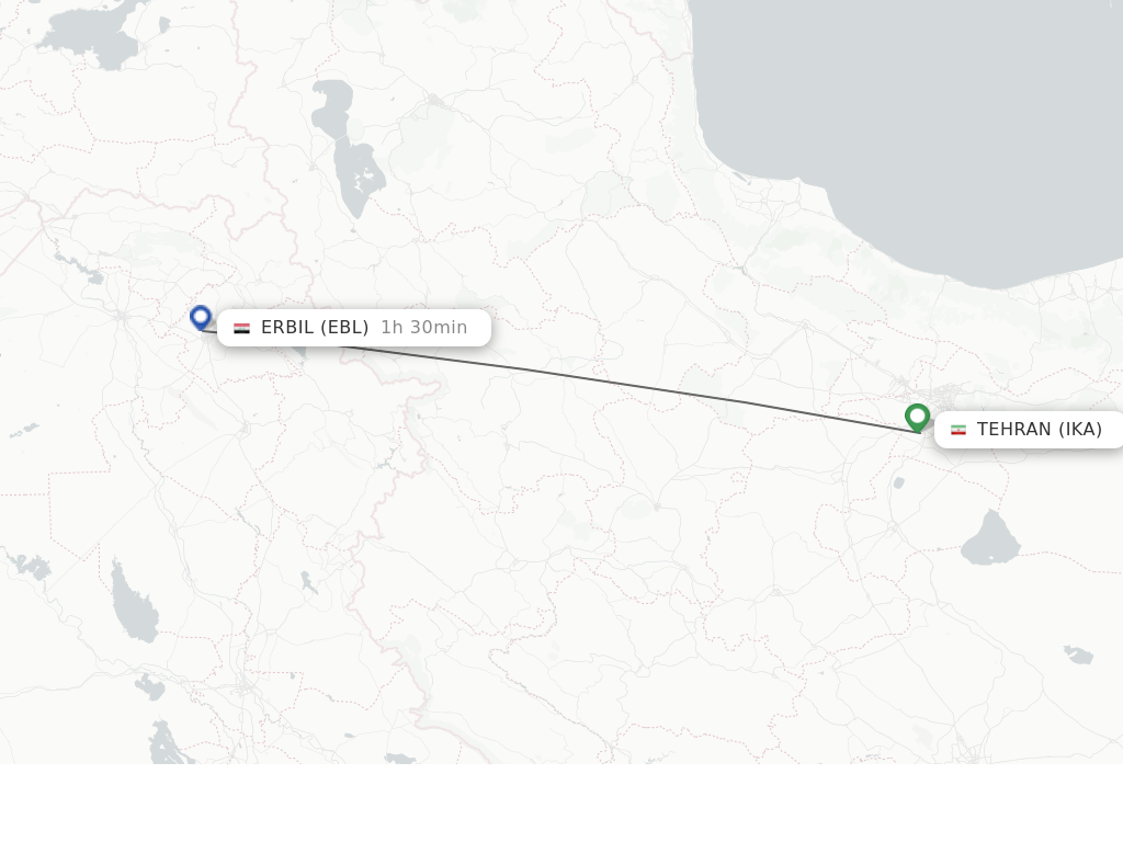 Flights from Tehran to Erbil route map