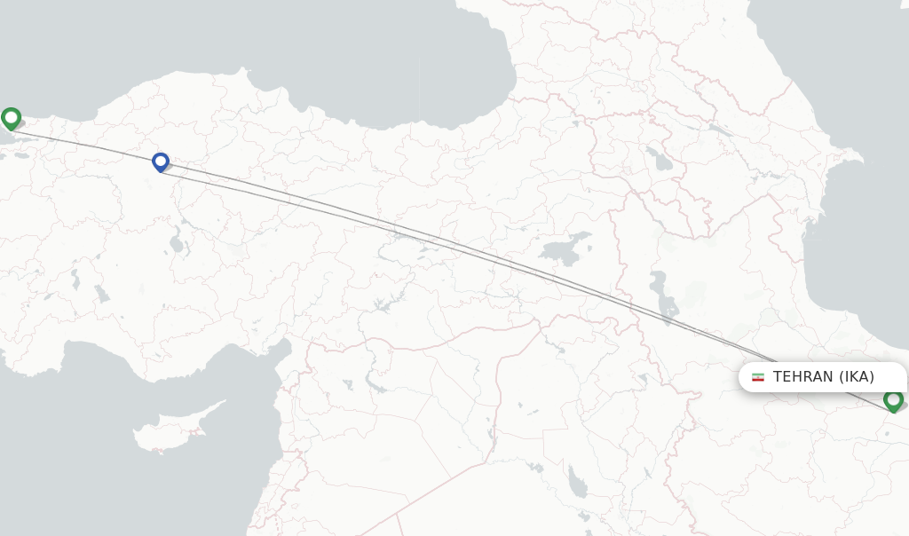 Route map with flights from Tehran with Pegasus