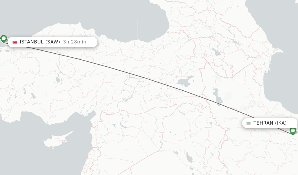 Flights from Tehran to Istanbul route map