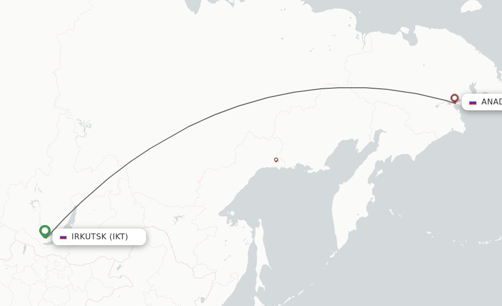 Flights from Irkutsk to Anadyr route map