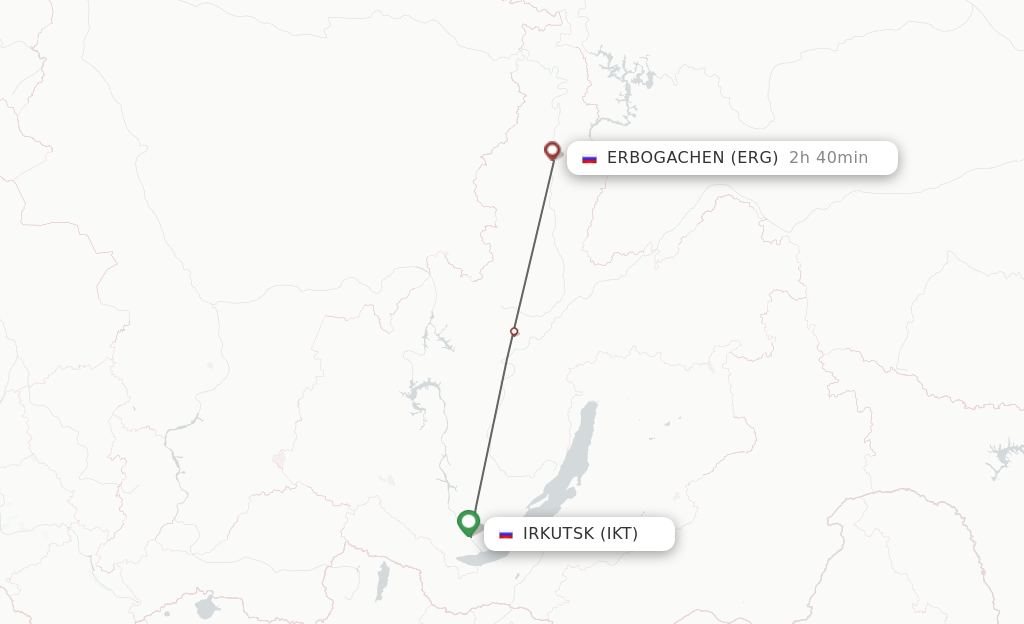 Flights from Irkutsk to Erbogachen route map