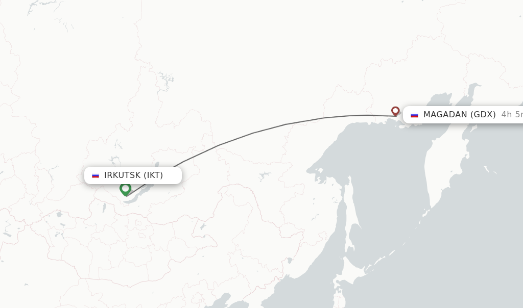 Flights from Irkutsk to Magadan route map