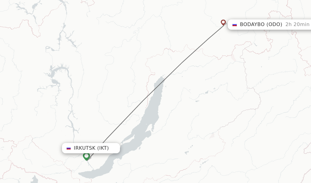 Flights from Irkutsk to Bodaybo route map