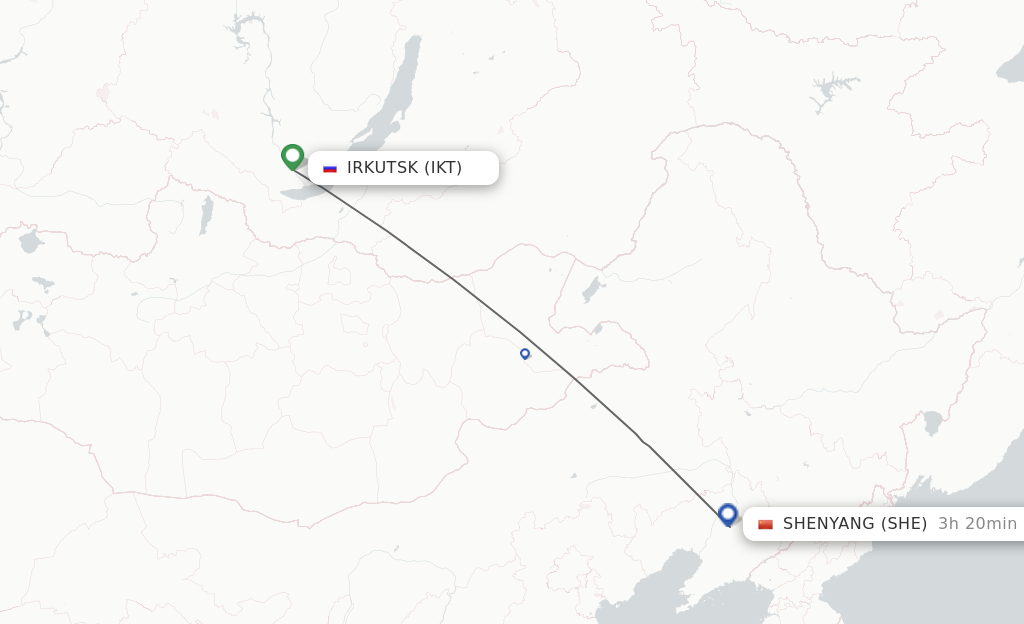 Flights from Irkutsk to Shenyang route map